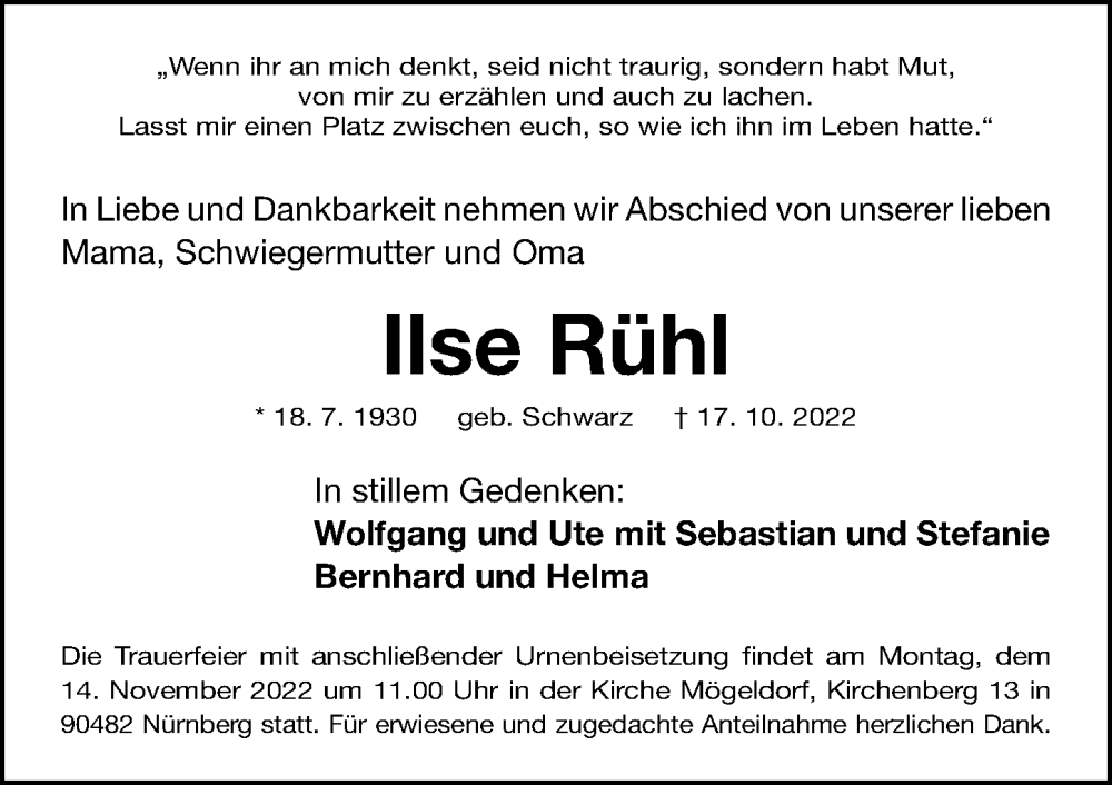 Traueranzeigen von Ilse Rühl trauer nn de