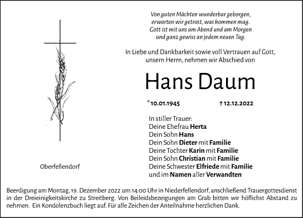 Traueranzeigen Von Hans Daum Trauer Nn De