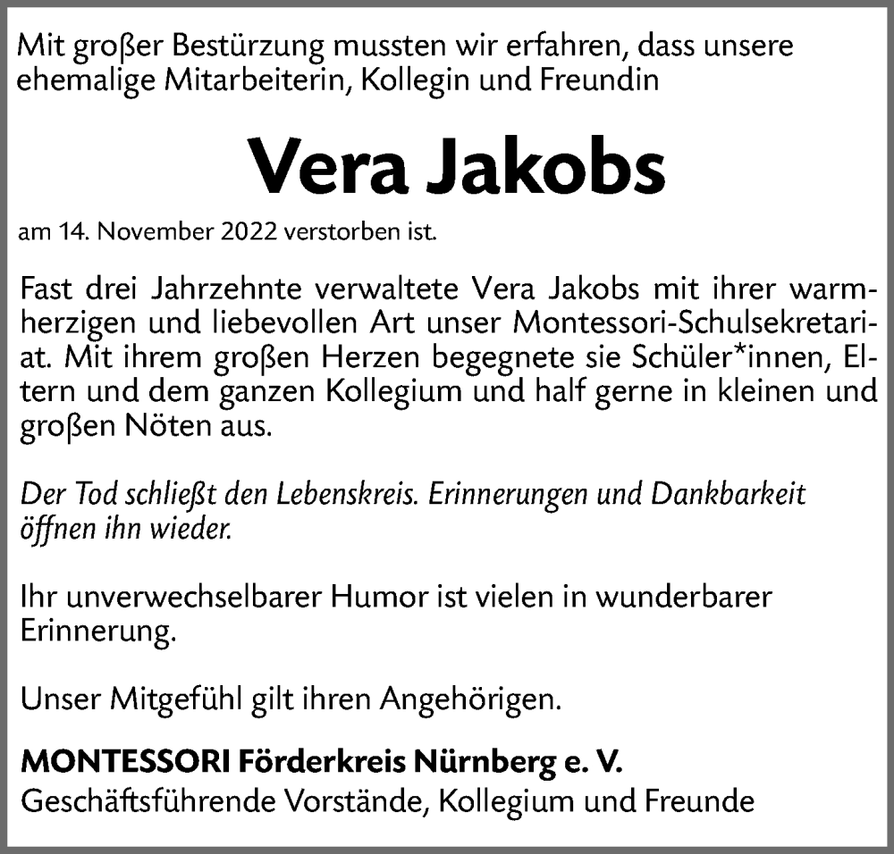 Traueranzeigen Von Vera Jakobs Trauer Nn De