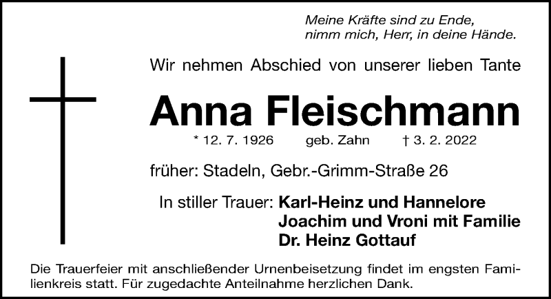 Traueranzeigen Von Anna Fleischmann Trauer Nn De