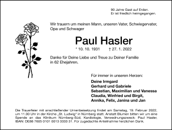 Traueranzeigen Von Paul Hasler Trauer Nn De