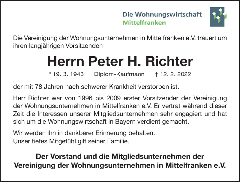 Traueranzeigen Von Peter H Richter Trauer Nn De