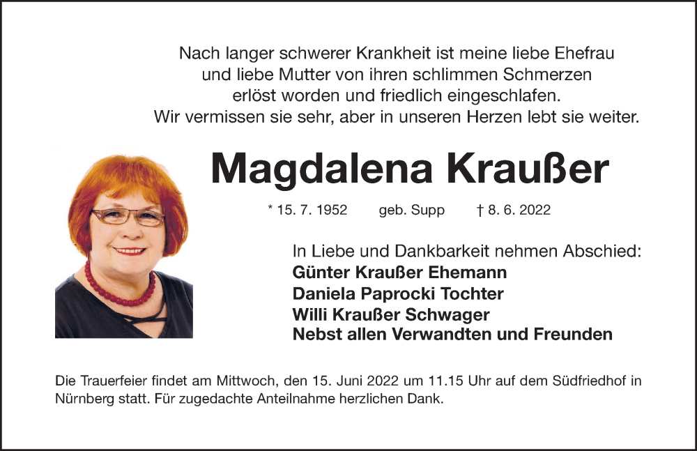 Traueranzeigen von Magdalena Kraußer trauer nn de