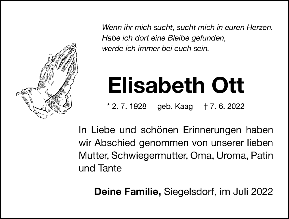 Traueranzeigen Von Elisabeth Ott Trauer Nn De