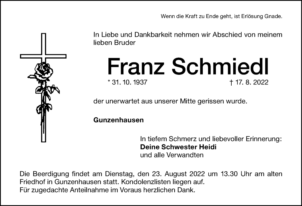 Traueranzeigen Von Franz Schmiedl Trauer Nn De