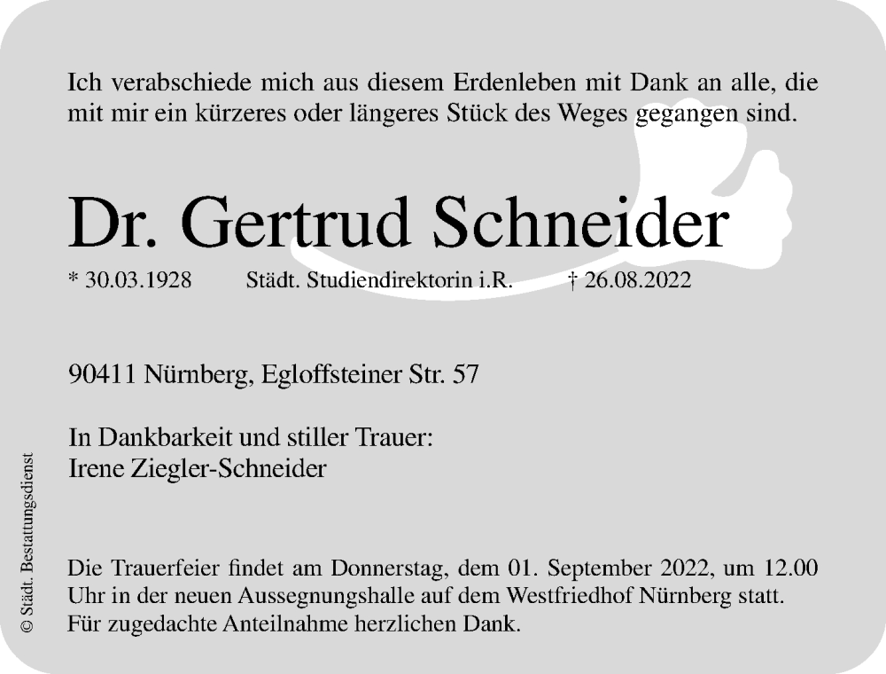 Traueranzeigen Von Gertrud Schneider Trauer Nn De