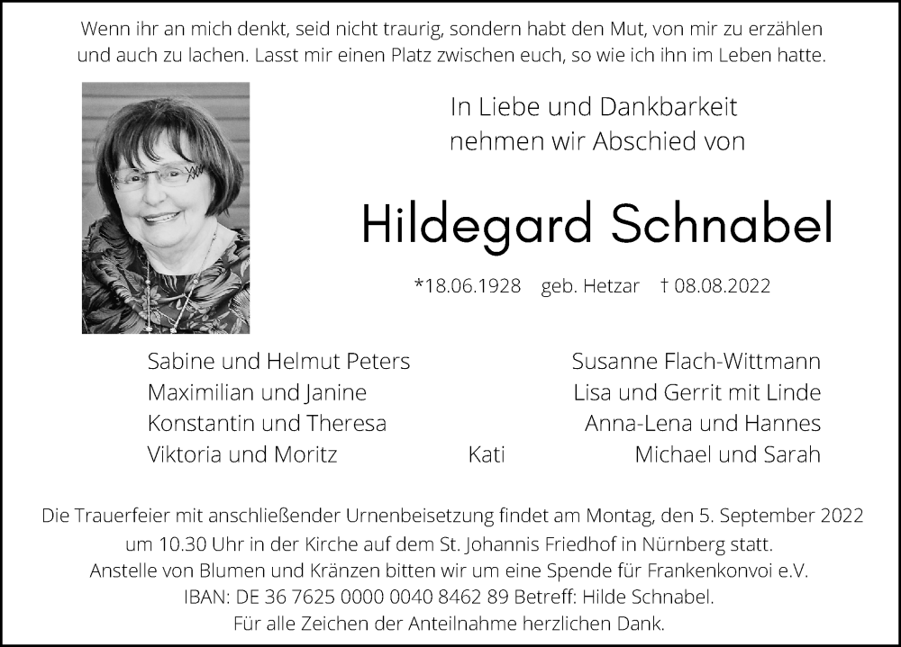 Traueranzeigen Von Hildegard Schnabel Trauer Nn De