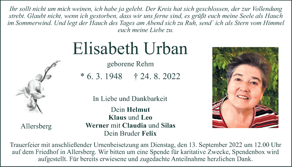 Traueranzeigen Von Elisabeth Urban Trauer Nn De