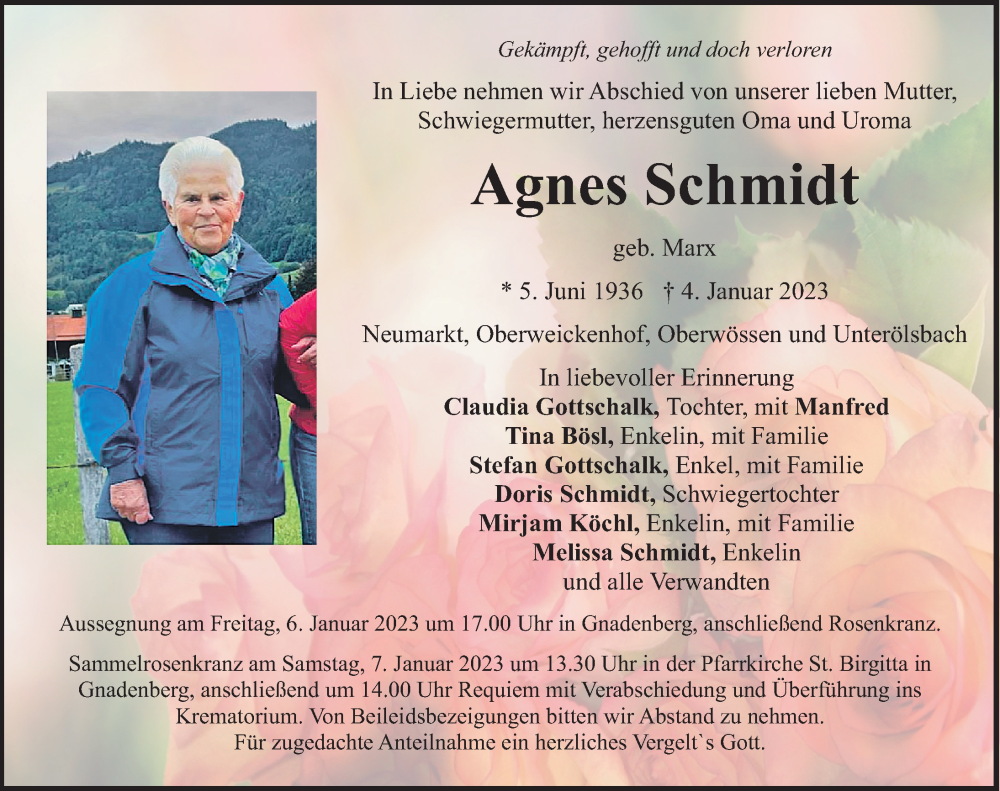 Traueranzeigen Von Agnes Schmidt Trauer Nn De