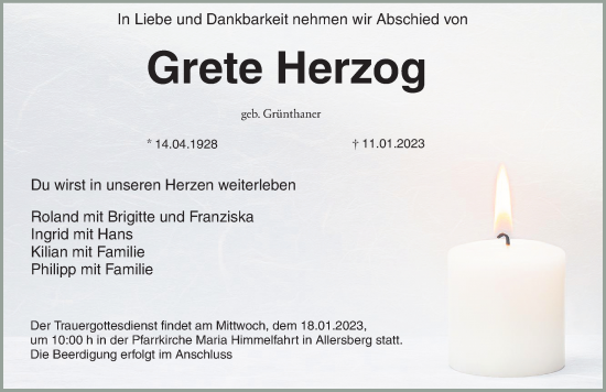 Traueranzeigen Von Grete Herzog Trauer Nn De