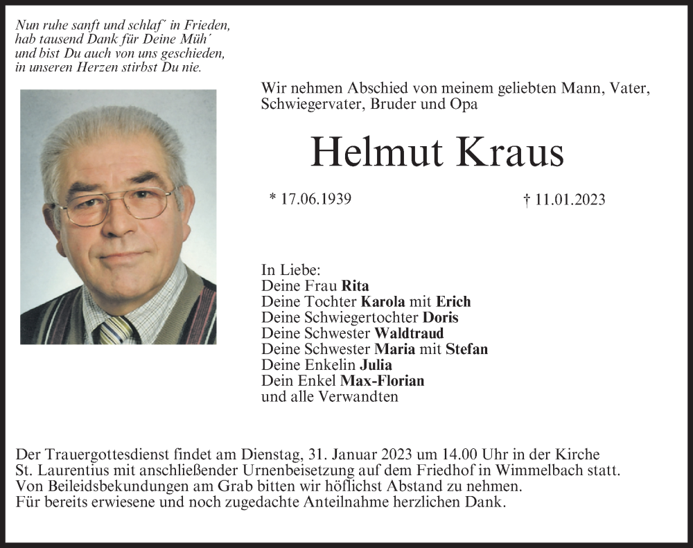 Traueranzeigen Von Helmut Kraus Trauer Nn De