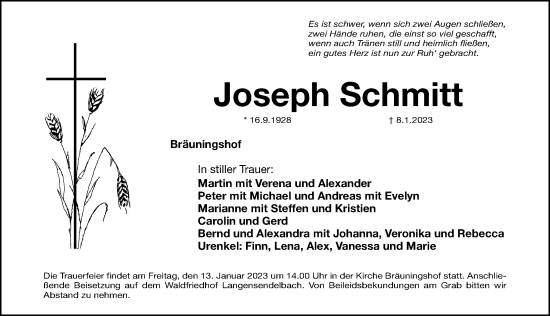 Traueranzeigen Von Joseph Schmitt Trauer Nn De