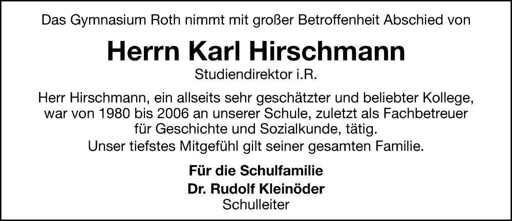 Traueranzeigen Von Karl Hirschmann Trauer Nn De