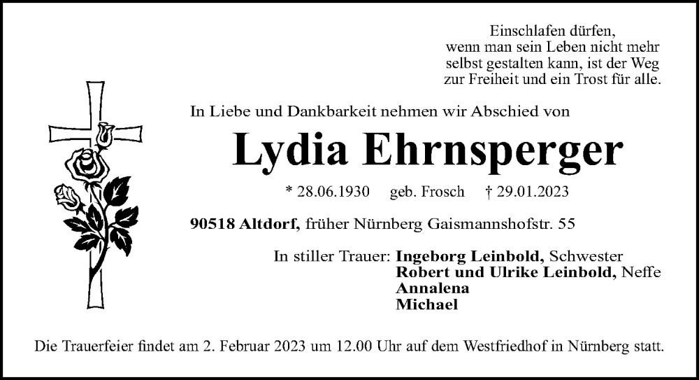 Traueranzeigen Von Lydia Ehrnsperger Trauer Nn De