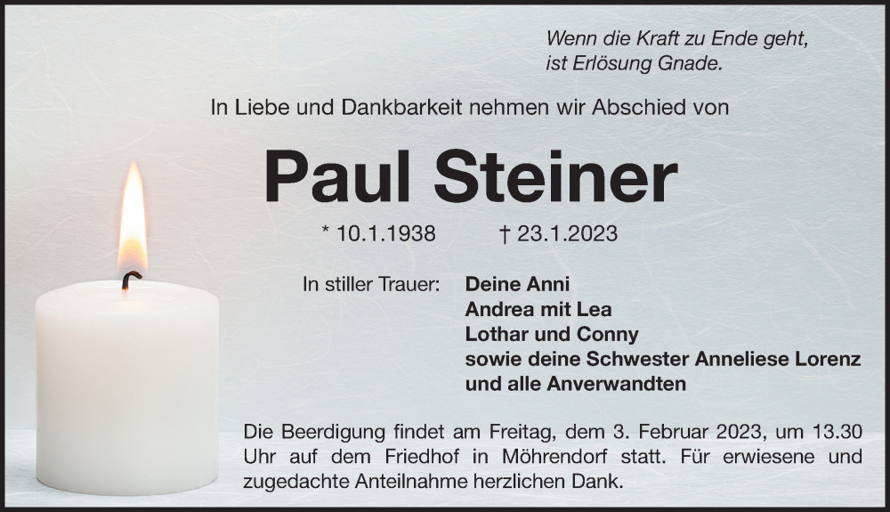 Traueranzeigen Von Paul Steiner Trauer Nn De