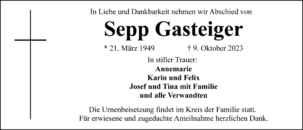 Traueranzeigen Von Sepp Gasteiger Trauer Nn De