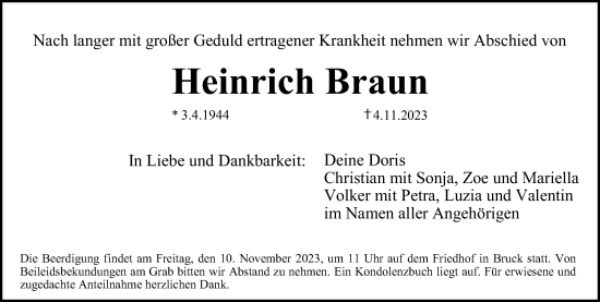 Traueranzeigen Von Heinrich Braun Trauer Nn De