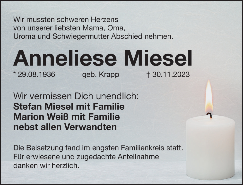 Traueranzeigen Von Anneliese Miesel Trauer Nn De