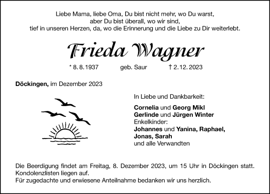 Traueranzeigen Von Frieda Wagner Trauer Nn De