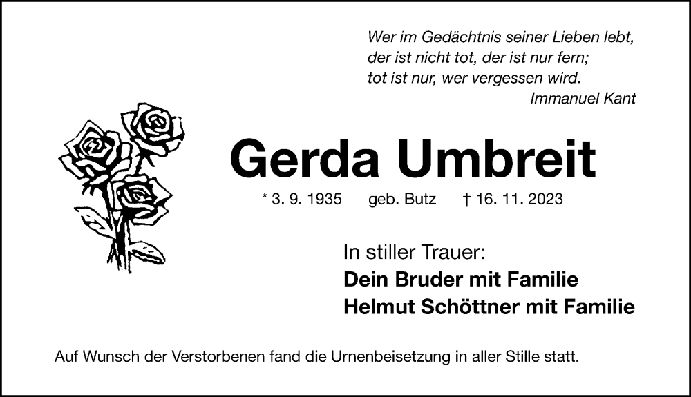 Traueranzeigen Von Gerda Umbreit Trauer Nn De