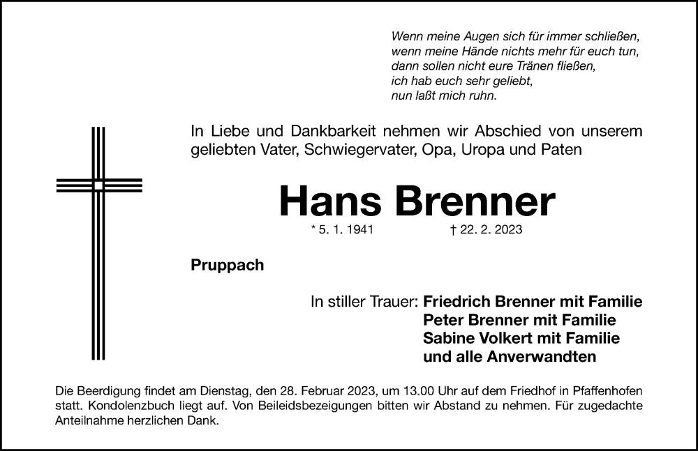 Traueranzeigen Von Hans Brenner Trauer Nn De