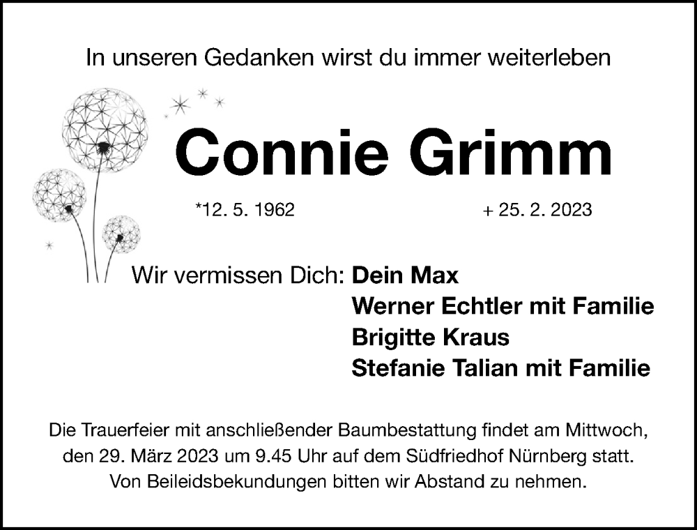 Traueranzeigen Von Connie Grimm Trauer Nn De