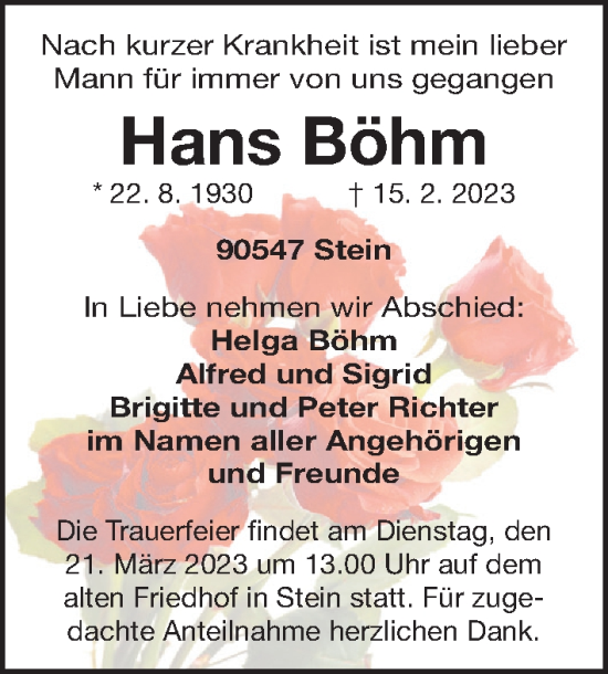 Traueranzeigen Von Hans B Hm Trauer Nn De