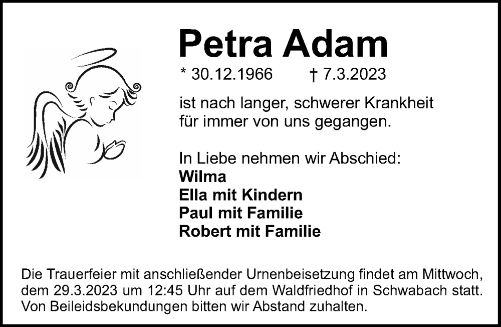 Traueranzeigen Von Petra Adam Trauer Nn De