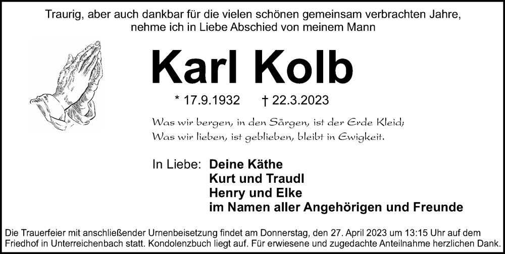 Traueranzeigen Von Karl Kolb Trauer Nn De