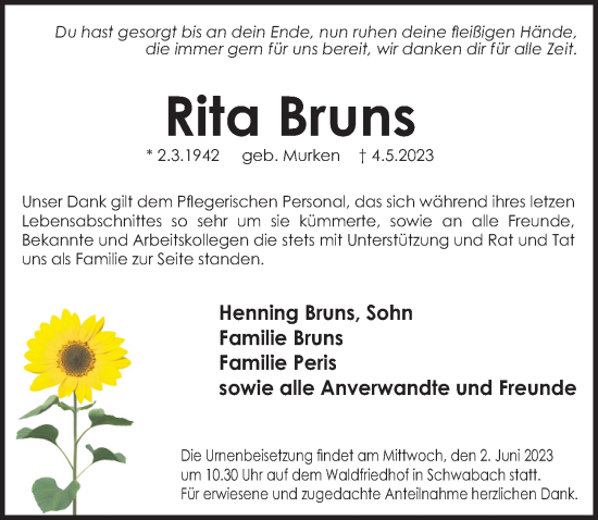 Traueranzeigen Von Rita Bruns Trauer Nn De