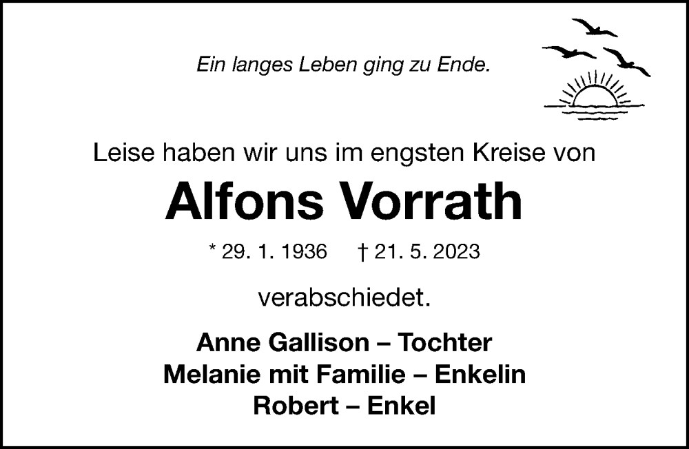 Traueranzeigen Von Alfons Vorrath Trauer Nn De