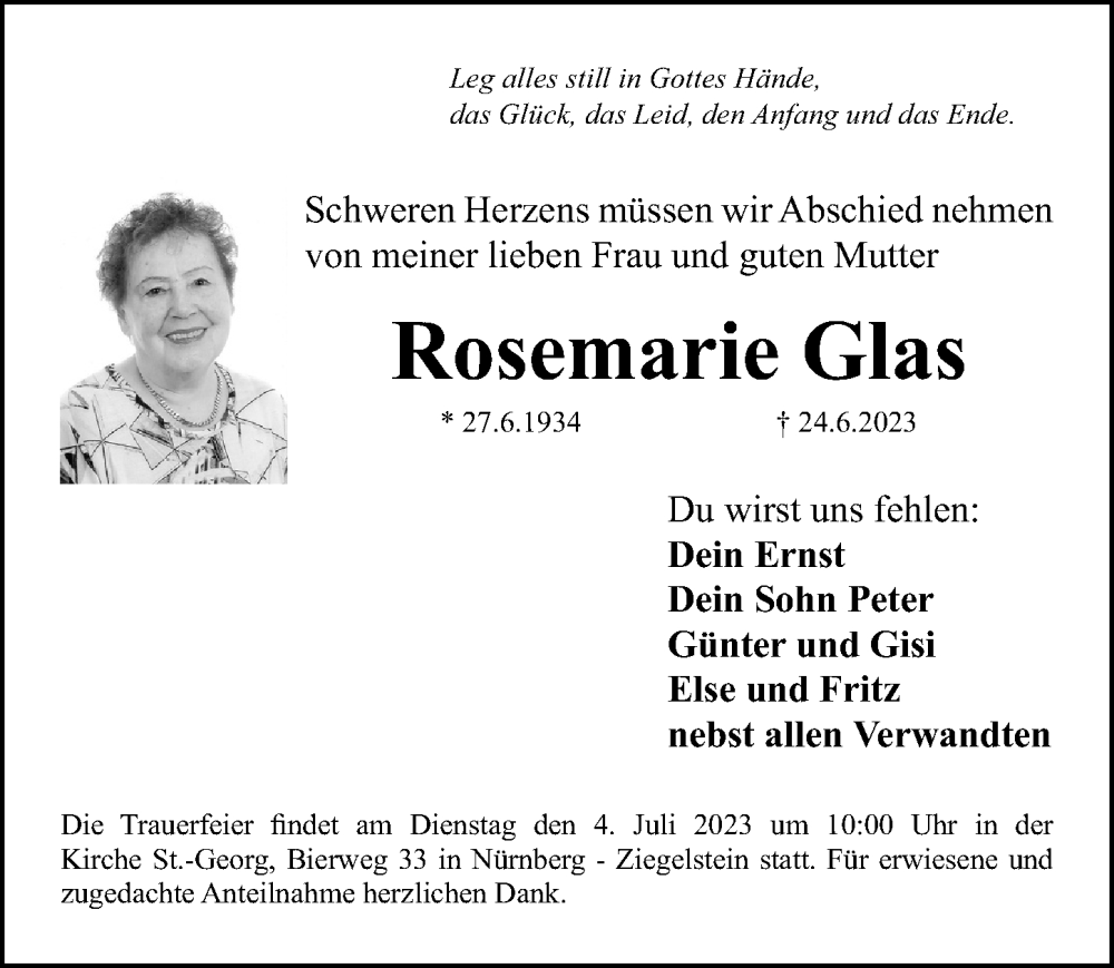 Traueranzeigen Von Rosemarie Glas Trauer Nn De