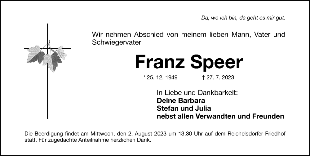 Traueranzeigen Von Franz Speer Trauer Nn De