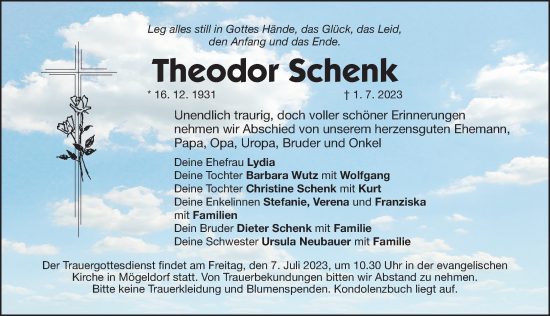 Traueranzeigen Von Theodor Schenk Trauer Nn De