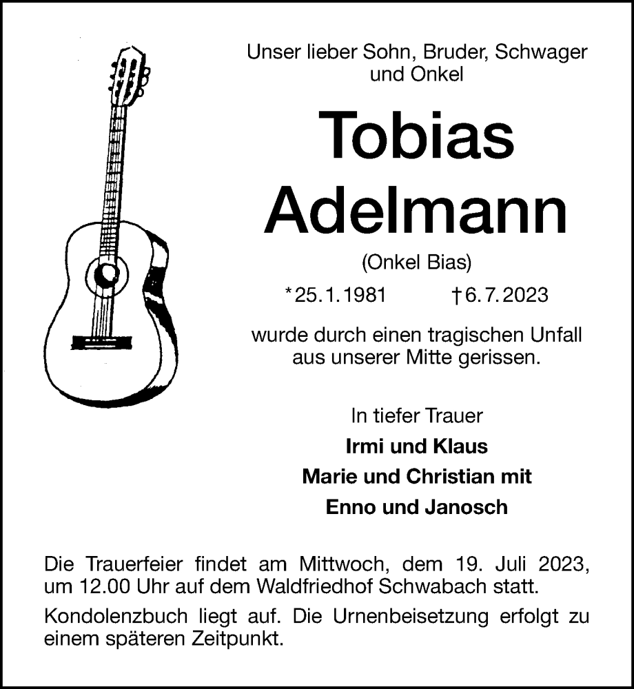 Traueranzeigen Von Tobias Adelmann Trauer Nn De