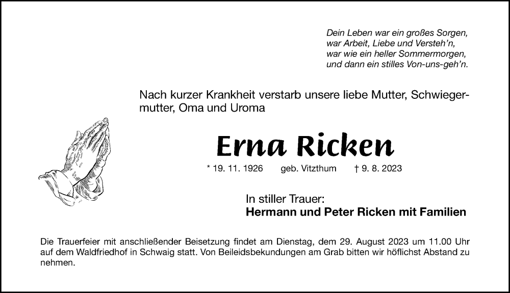 Traueranzeigen Von Erna Ricken Trauer Nn De