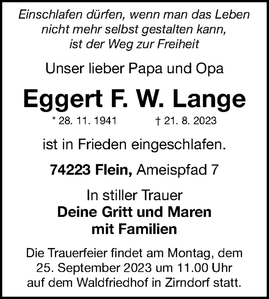 Traueranzeigen Von Eggert F W Lange Trauer Nn De