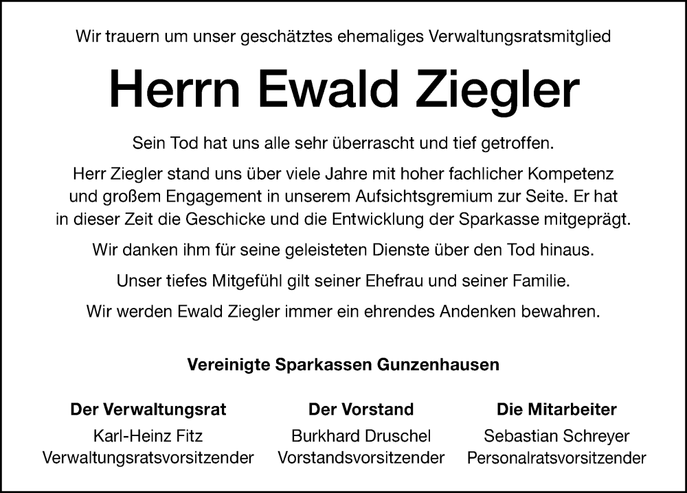 Traueranzeigen Von Ewald Ziegler Trauer Nn De