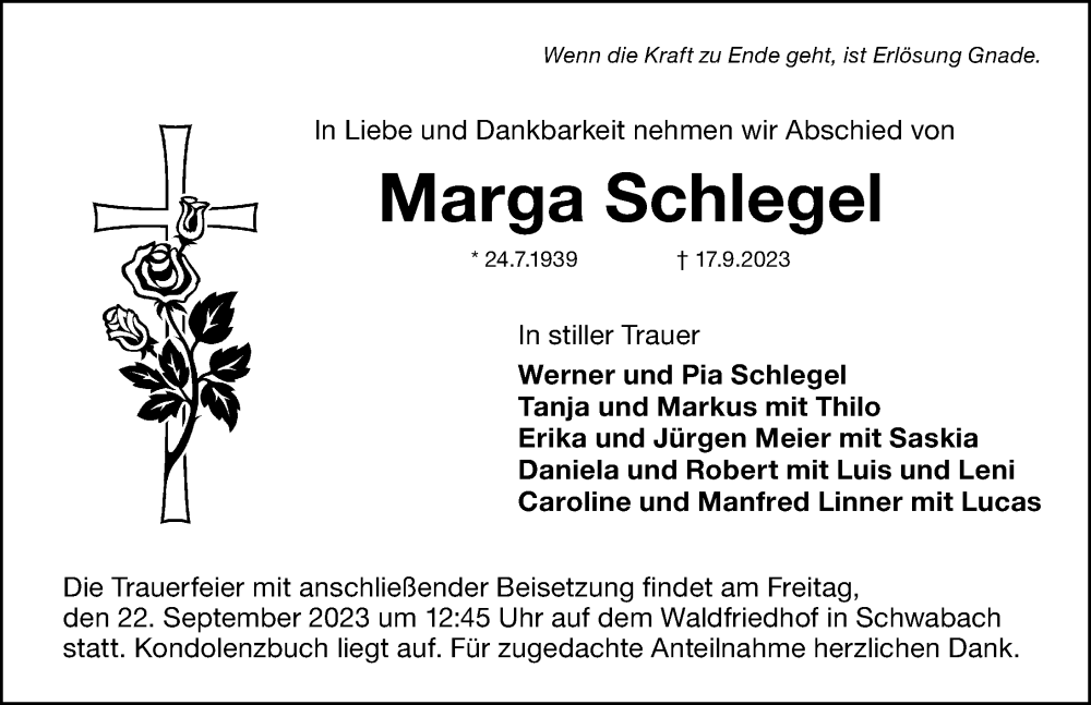 Traueranzeigen Von Marga Schlegel Trauer Nn De