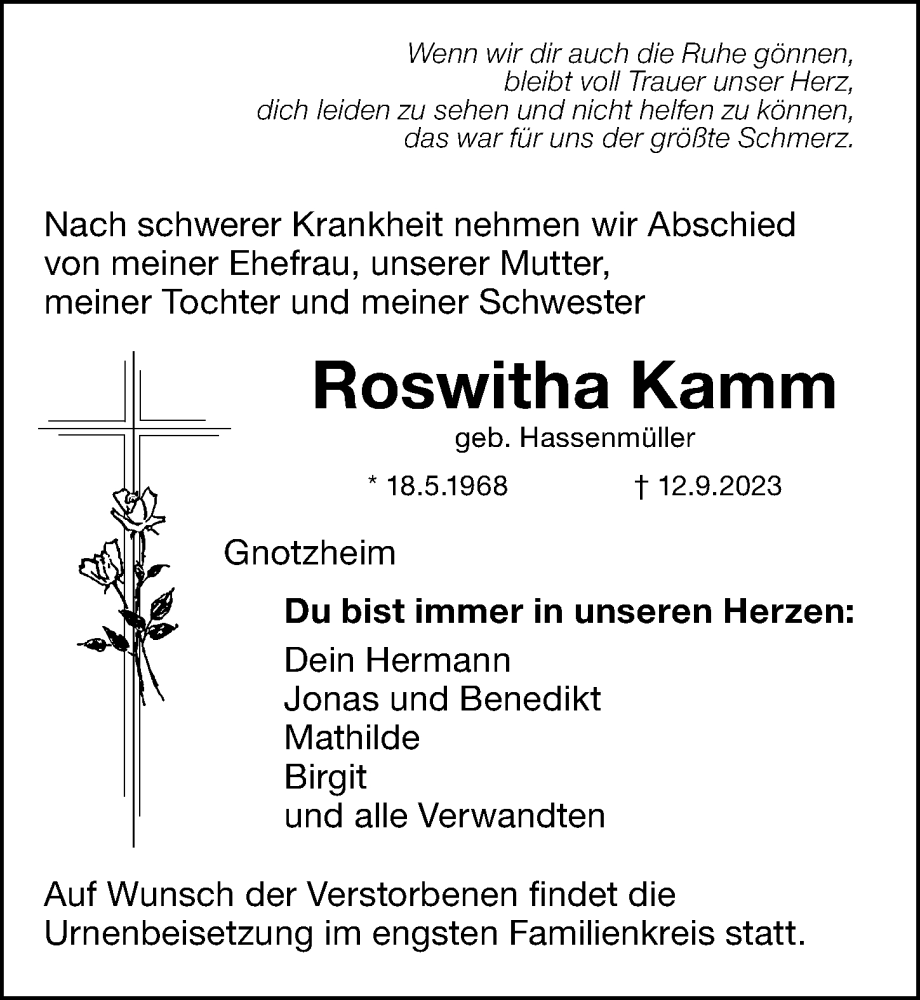 Traueranzeigen Von Roswitha Kamm Trauer Nn De