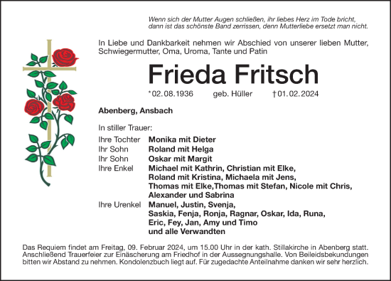 Traueranzeigen Von Frieda Fritsch Trauer Nn De