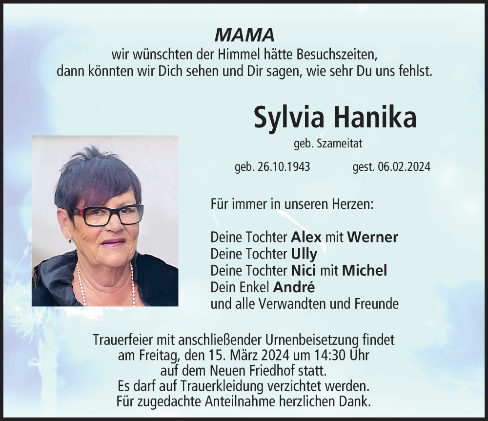 Traueranzeigen Von Sylvia Hanika Trauer Nn De