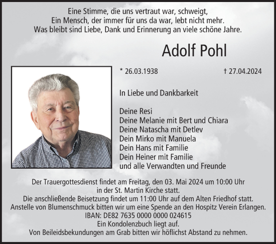 Traueranzeige von Adolf Pohl von Nordbayerische Nachrichten Forchheim Lokal