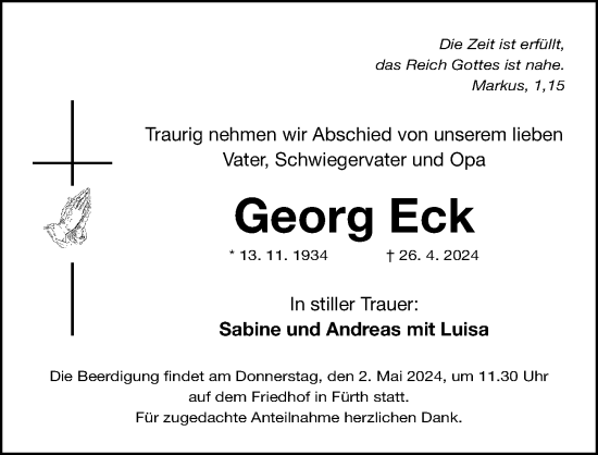 Traueranzeige von Georg Eck von Gesamtausgabe Nürnberger Nachrichten/ Nürnberger Ztg.