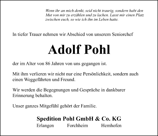 Traueranzeige von Adolf Pohl von Nordbayer. Nachrichten Forchheim/ Erlanger Nachrichten