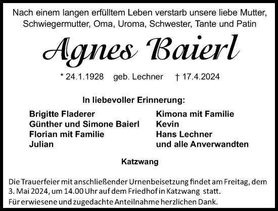 Traueranzeige von Agnes Baierl von Schwabacher Tagblatt Lokal