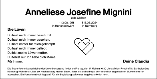 Traueranzeige von Anneliese Josefine Mignini von Gesamtausgabe Nürnberger Nachrichten/ Nürnberger Ztg.