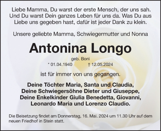 Traueranzeige von Antonina Longo von Gesamtausgabe Nürnberger Nachrichten/ Nürnberger Ztg.