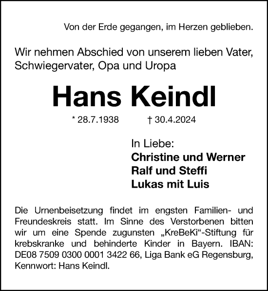 Traueranzeige von Hans Keindl von Gesamtausgabe Nürnberger Nachrichten/ Nürnberger Ztg.