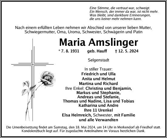Traueranzeige von Maria Amslinger von Altmühl-Bote Lokal